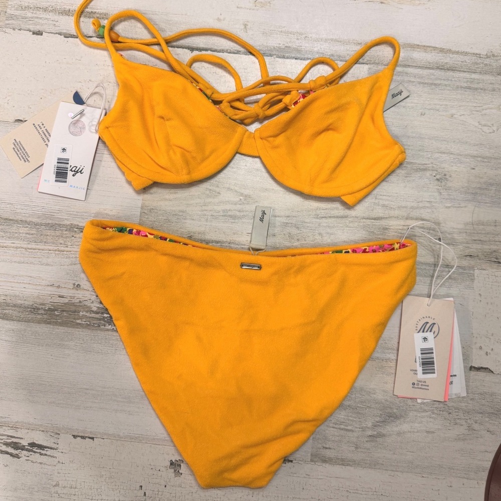 Maaji Reversible Bikini Set Women Medium Yellow Floral NWT Underwire Lace-up - Picture 5 of 6